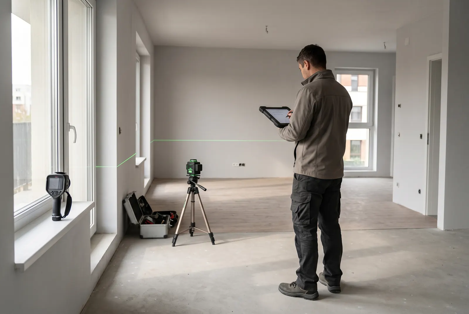 Inginer care notează pe tabletă măsurătorile cu nivela laser într-un apartament nou nefinisat