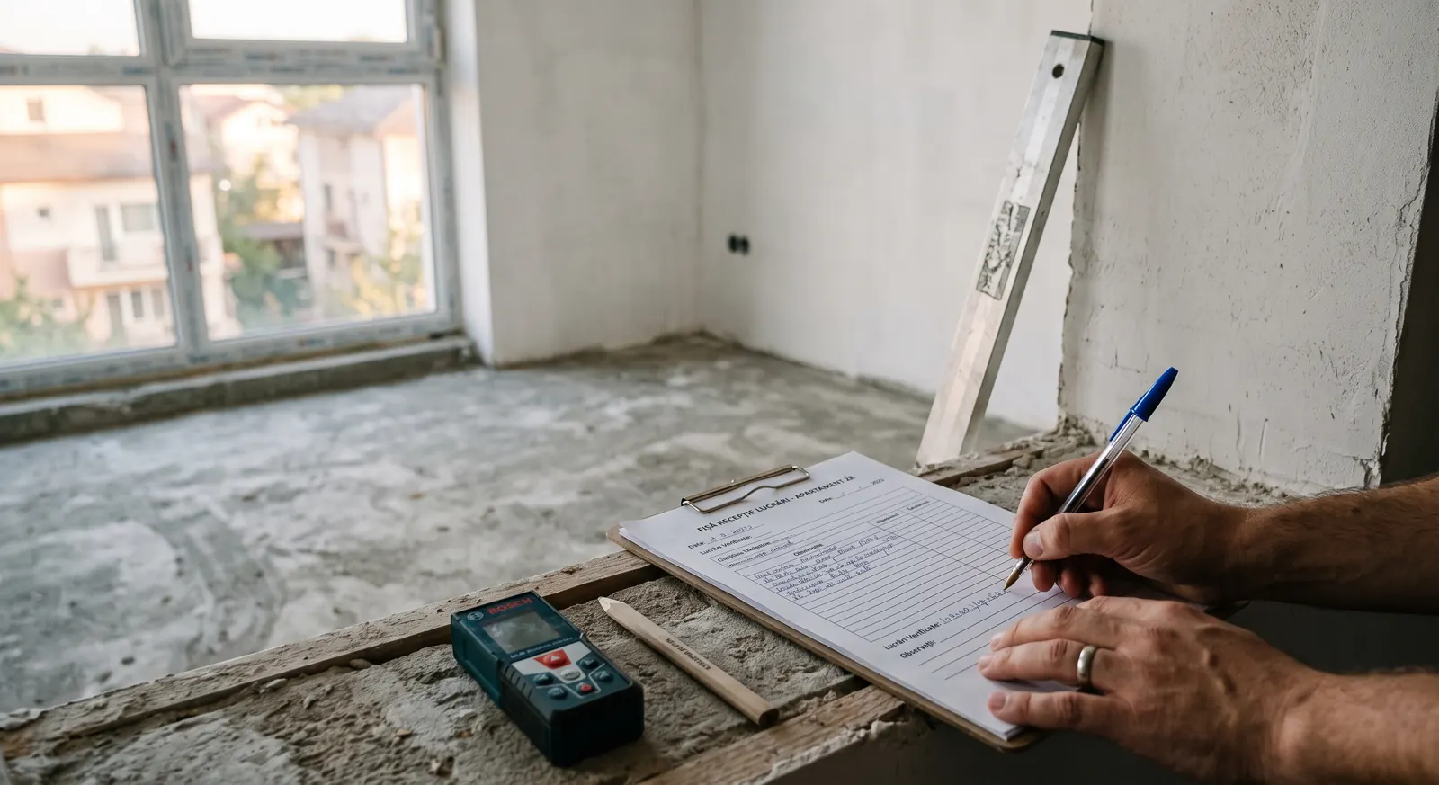 Completarea obiecțiunilor în procesul-verbal de predare, cu telemetrul și dreptarul alături, în apartament
